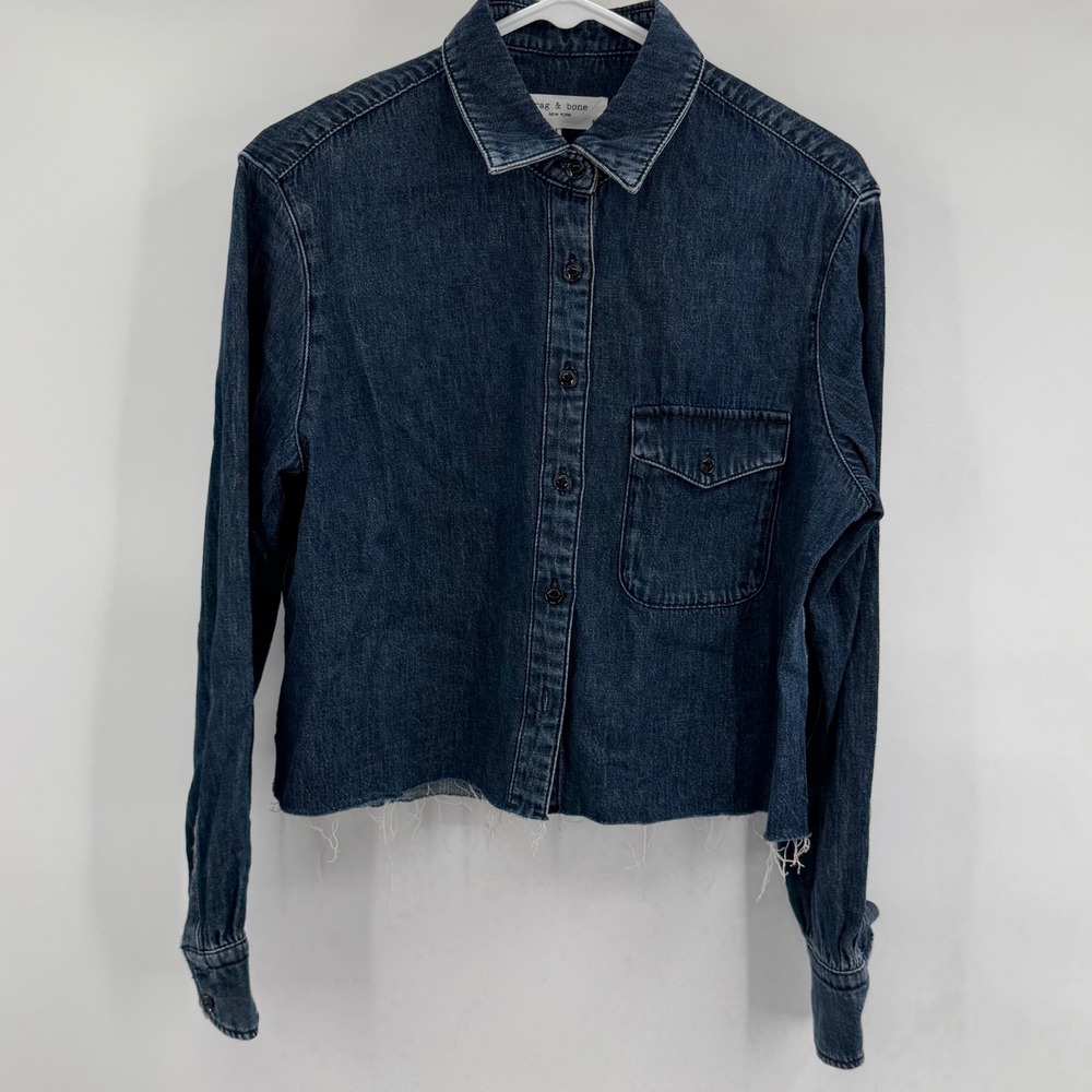 Rag & Bone Denim Shirt Women Small Blue Raw Hem Long Sleeve Button Down Pocket - Picture 2 of 6